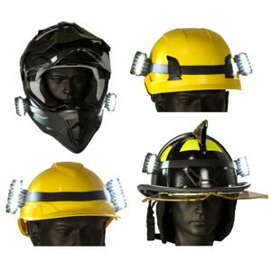 four helmets with two guardian angel lights strapped to each of them